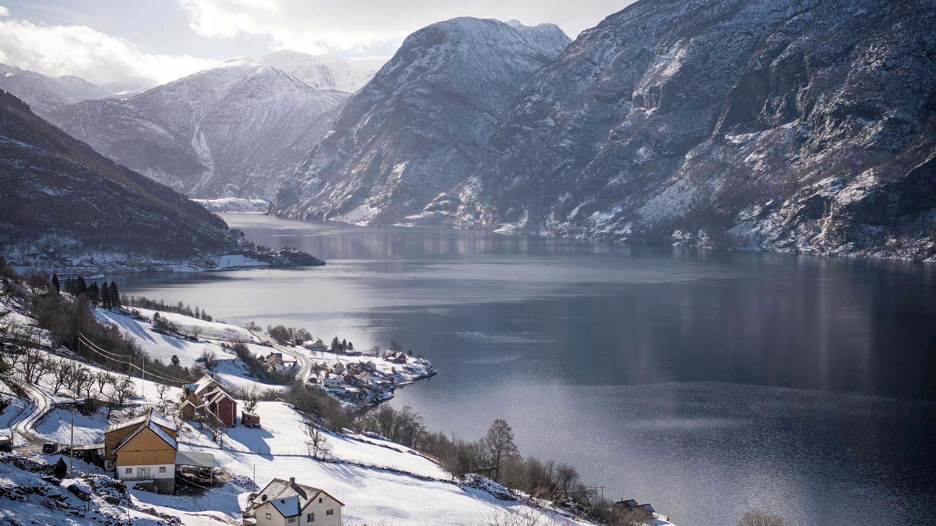 Flåm village in Aurlandsfjord in wintertime