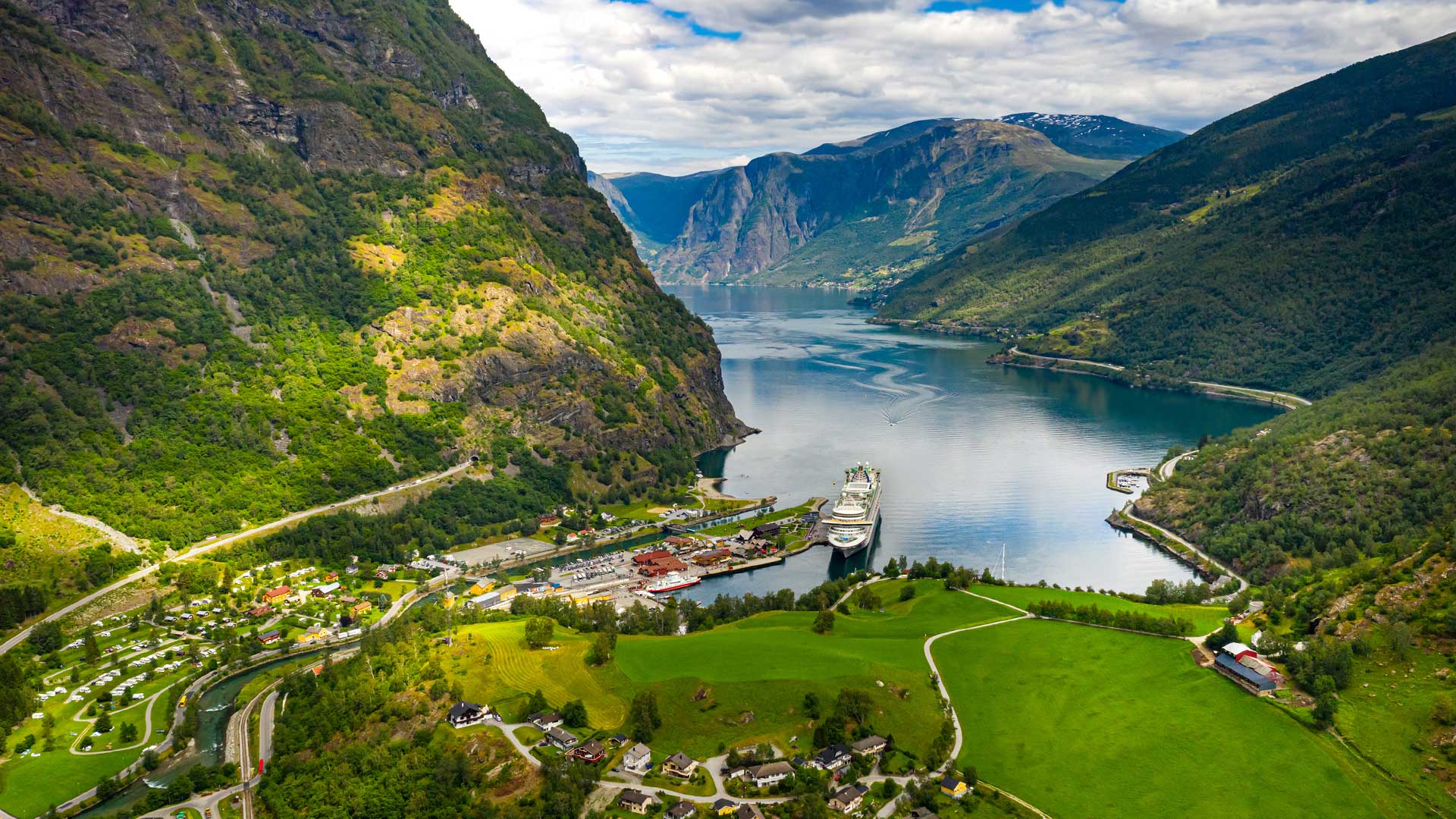 View over Flåm and Aurlandsfjord in Norway