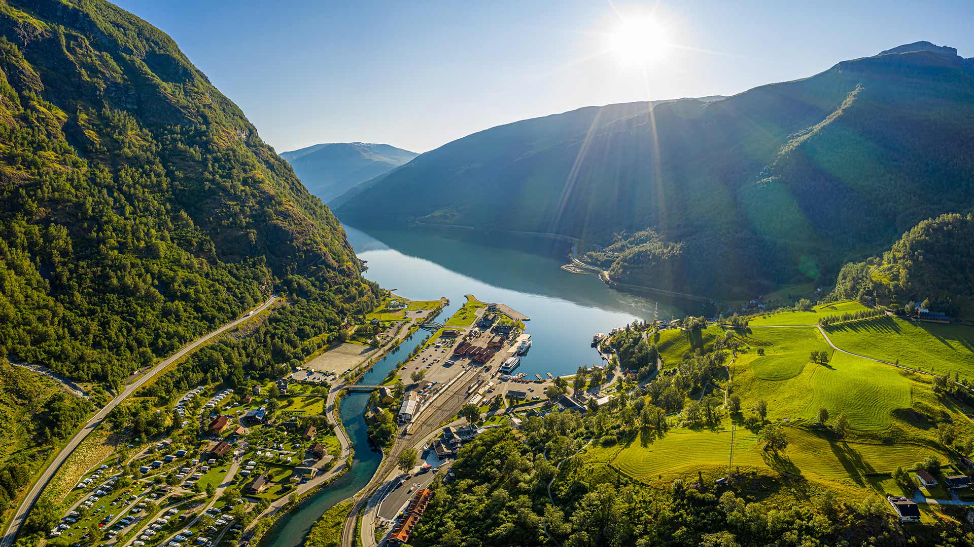 View over Flåm and Aurlandsfjord in Norway